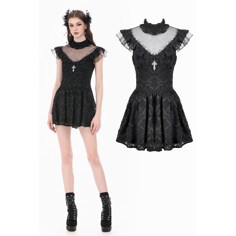 Dark in Love - Dark Sacred Lace HighNeck Short dress - Black
